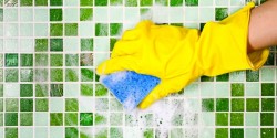 scrubbing bathroom tile